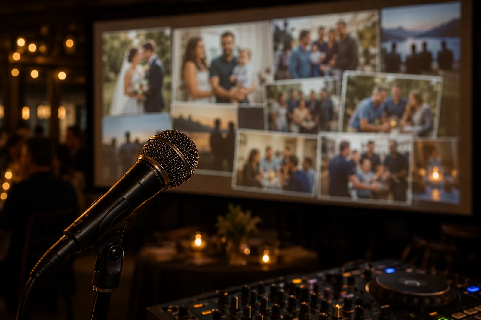Microphone in front of a screen of family photographs representing music and memories at a Celebration of Life