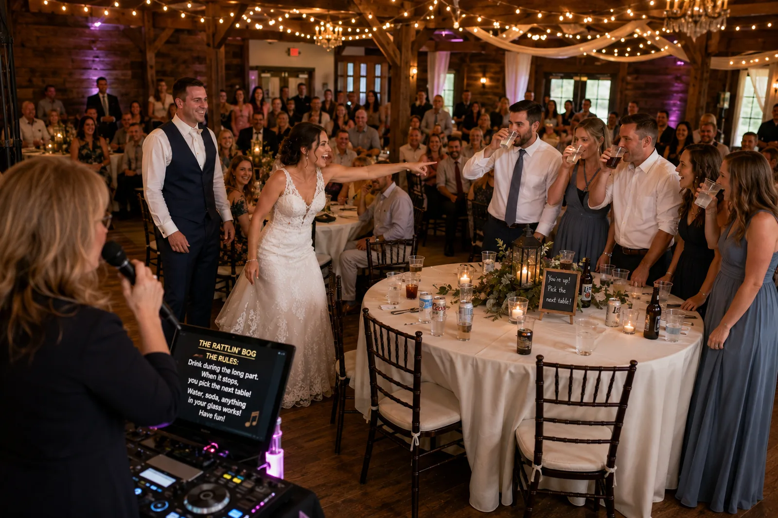 Illustration of a lively wedding reception with a bride directing a table game while a female MC makes announcements