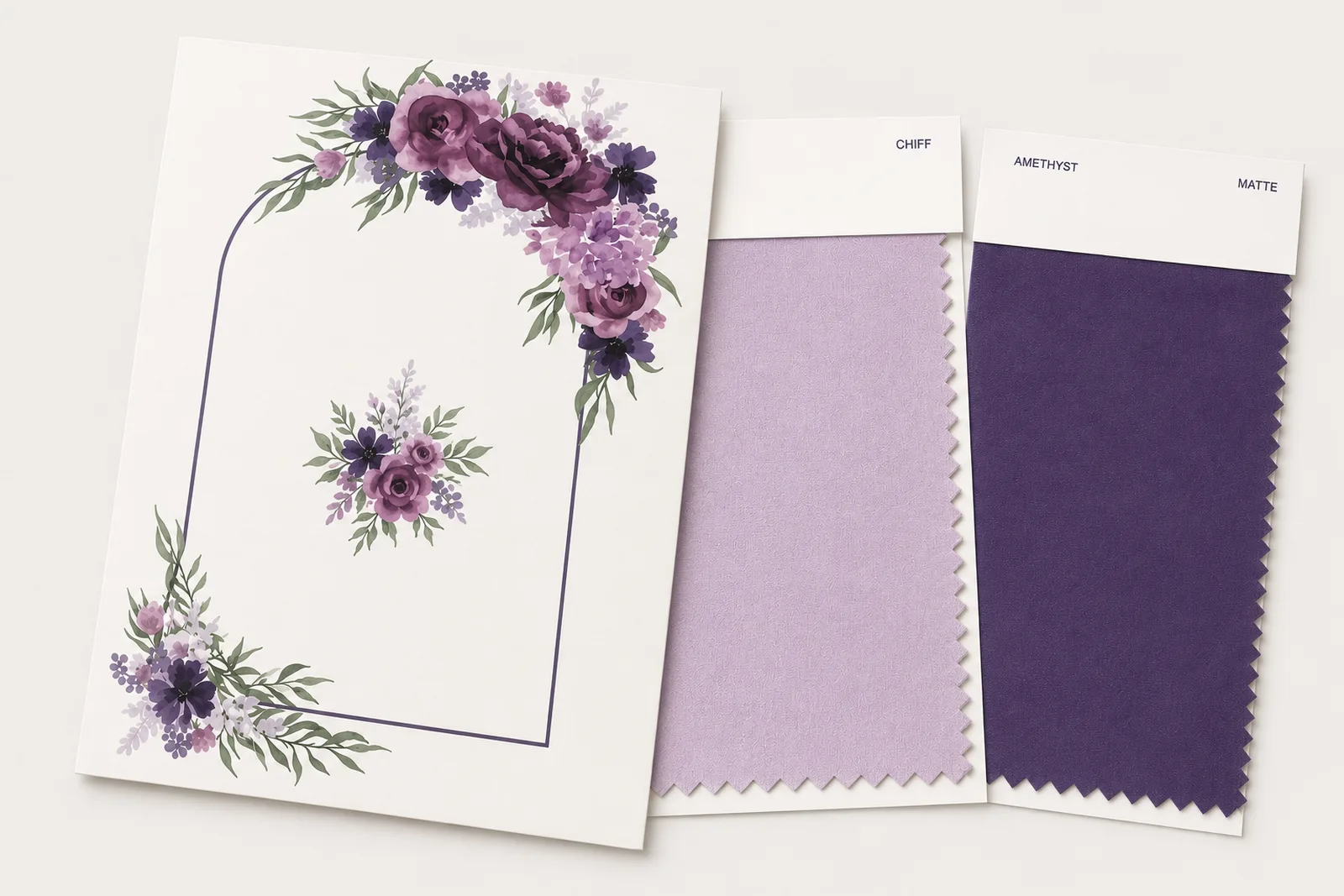 Purple floral wedding color inspiration beside light lavender and dark amethyst fabric swatches
