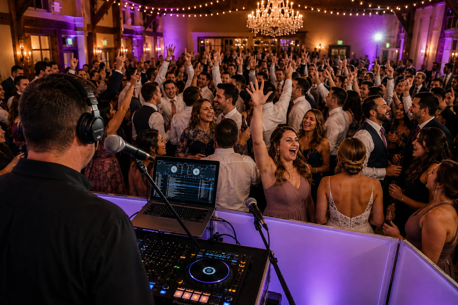 DJ looking out over an energetic wedding dance floor filled with guests dancing and raising their hands