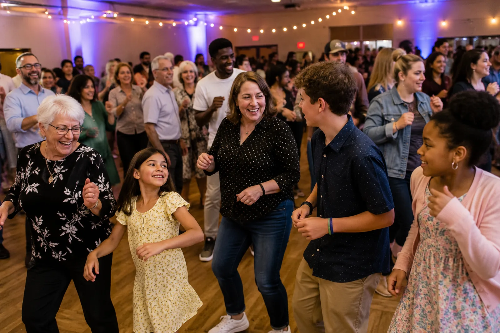 Guests of different generations dancing together at a celebration